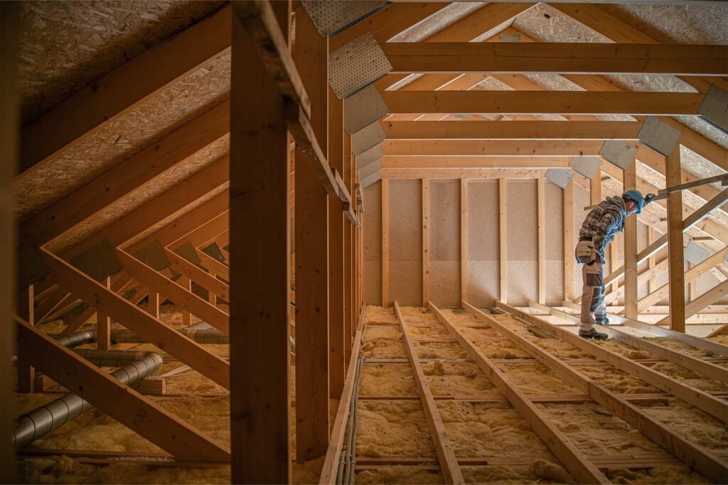 Houten dakconstructie met dakbeschot en spanten van binnenuit gezien